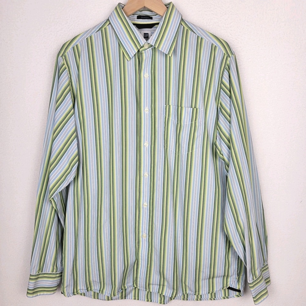 Vintage GAP Mens Striped Button Down Shirt M Cotton Blue Green Smart Casual